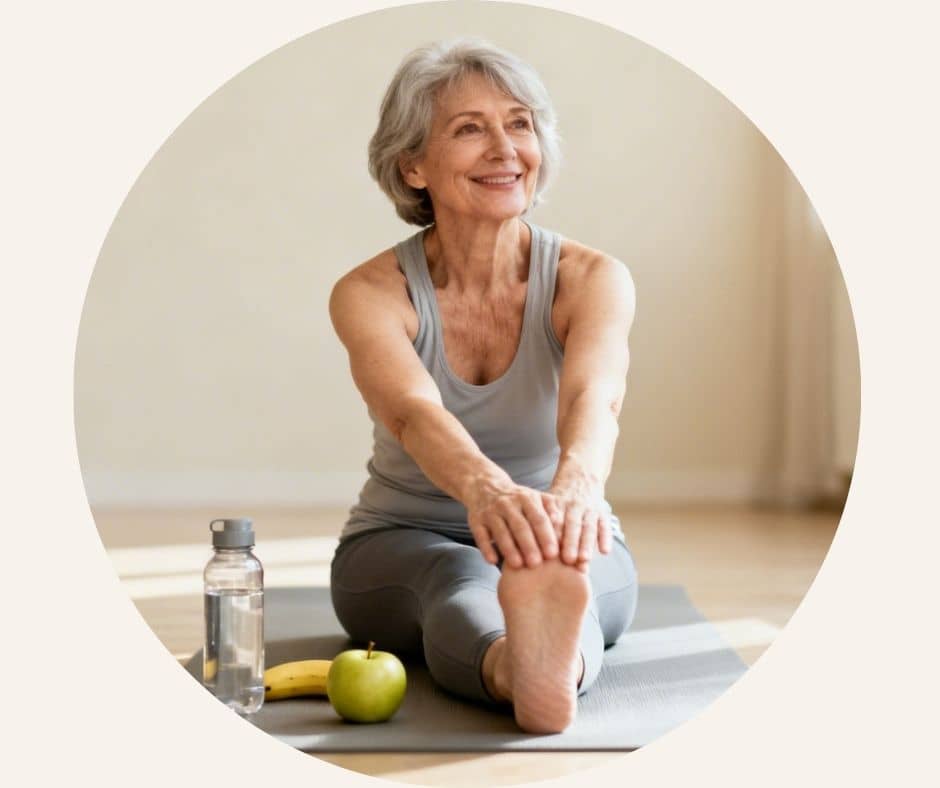 Femme de 50 ans faisant des exercices doux pour renforcer ses os et prévenir l’ostéopénie.