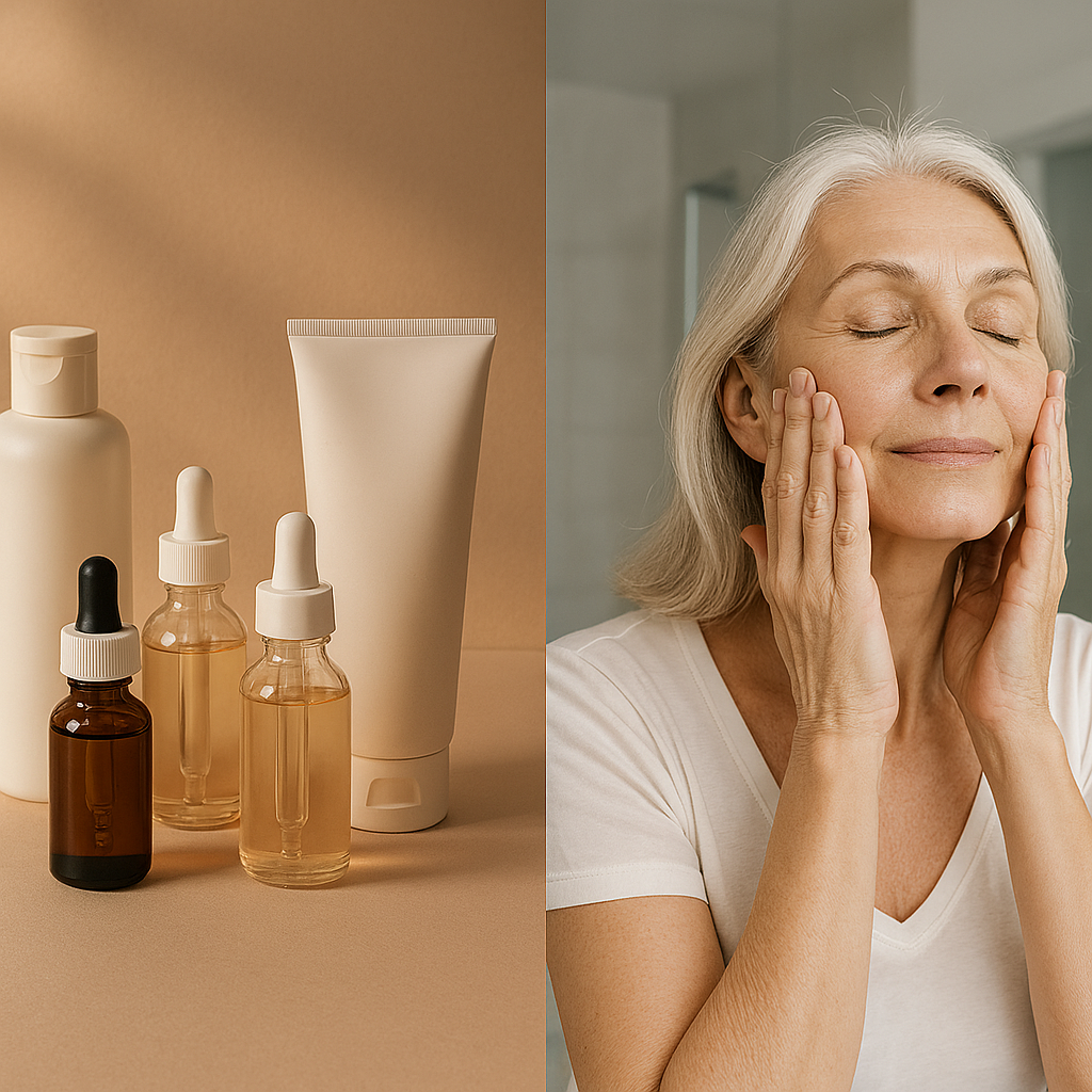 Femme 50+ en train de masser délicatement son visage pour activer le drainage lymphatique