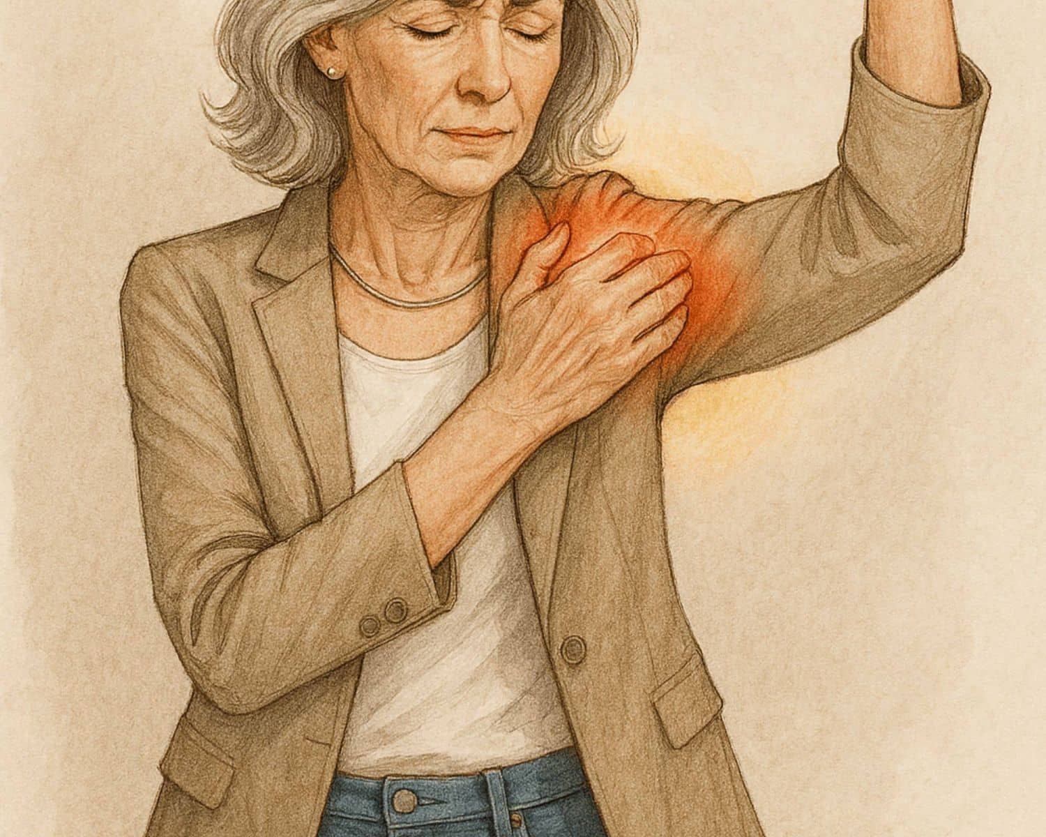 epaule-gelee-femme-apres-50-ans Femme de plus de 50 ans réalisant un mouvement d’épaule pour prévenir ou soulager une épaule gelée