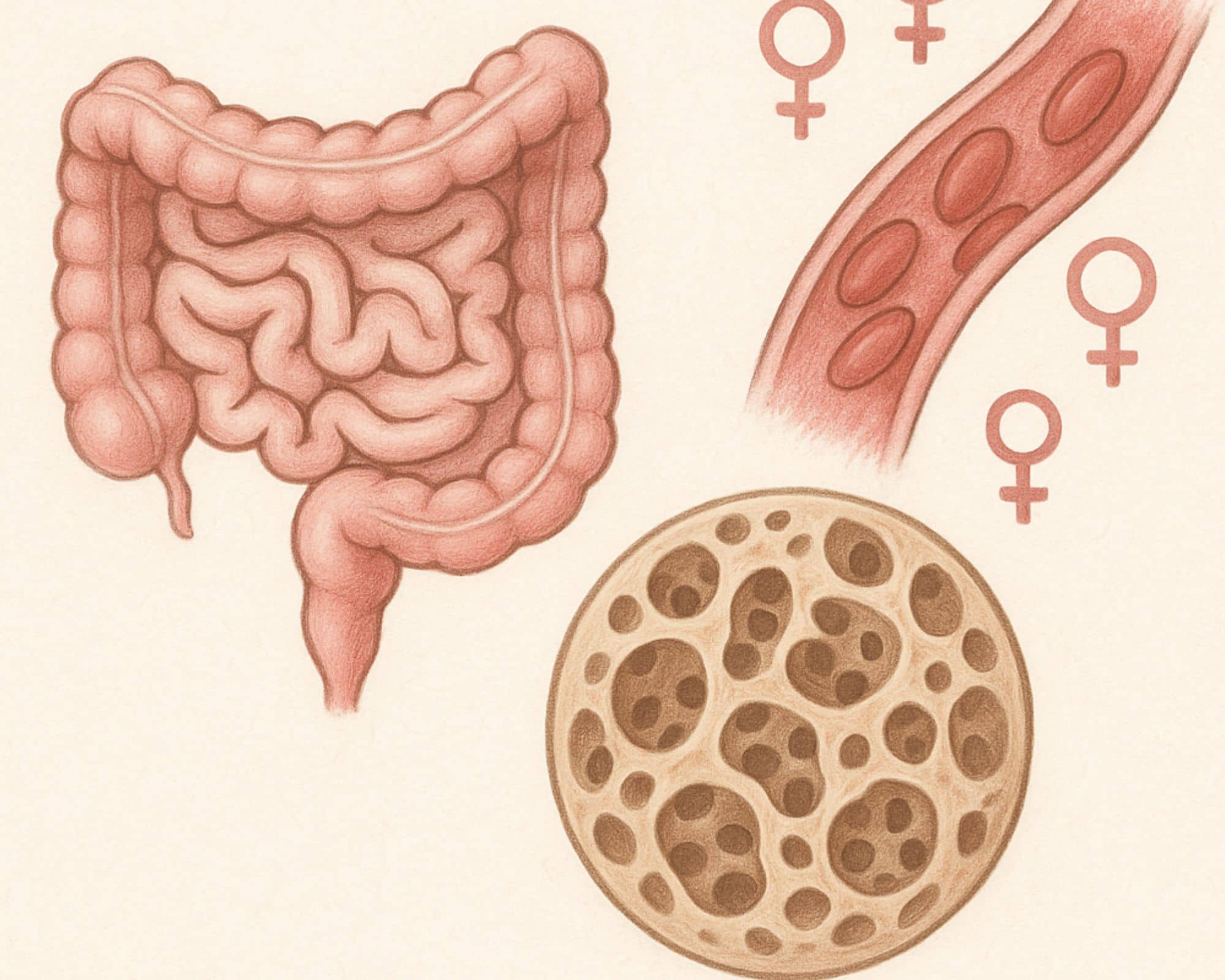 Infographie expliquant le lien entre microbiote, œstrogènes et santé osseuse après 50 ans.