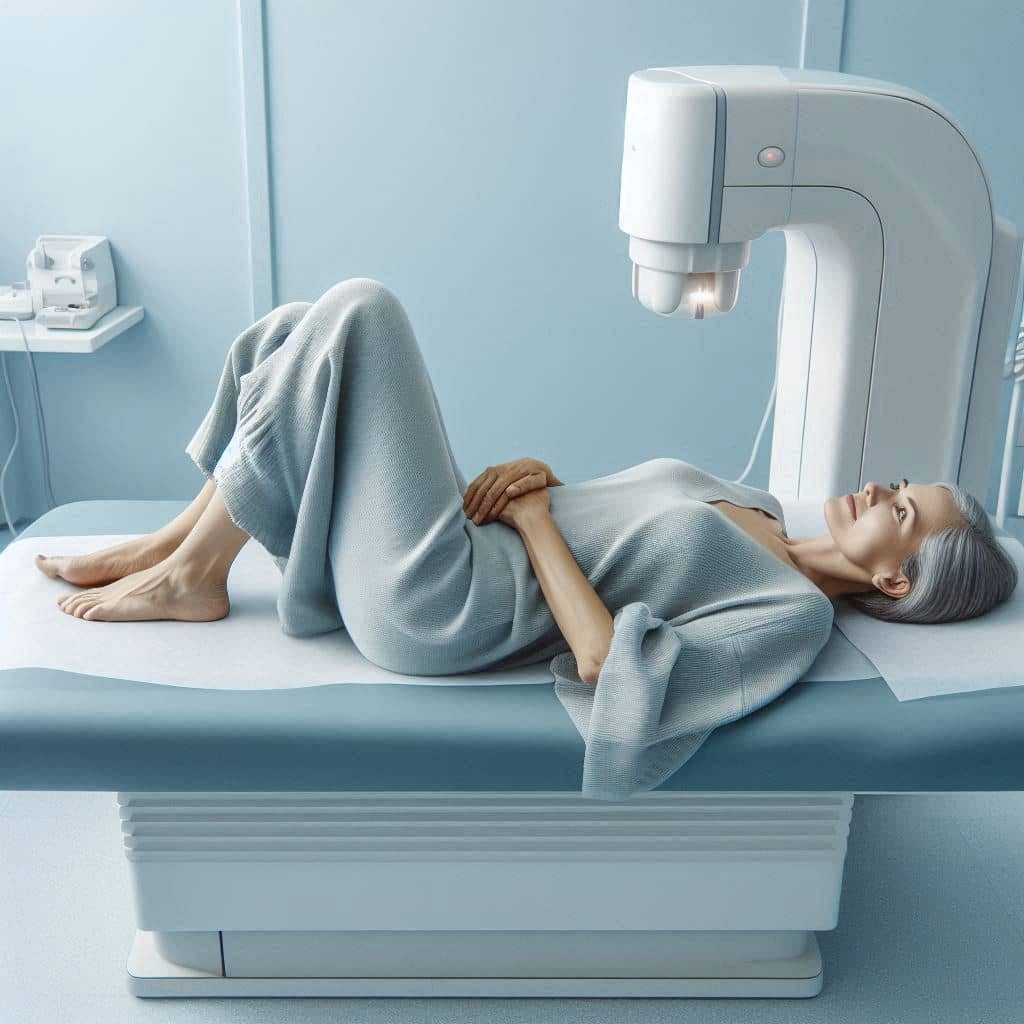 Femme de plus de 50 ans allongée sur une table médicale pour une ostéodensitométrie osseuse, examen qui mesure la densité osseuse et définit le T-score.