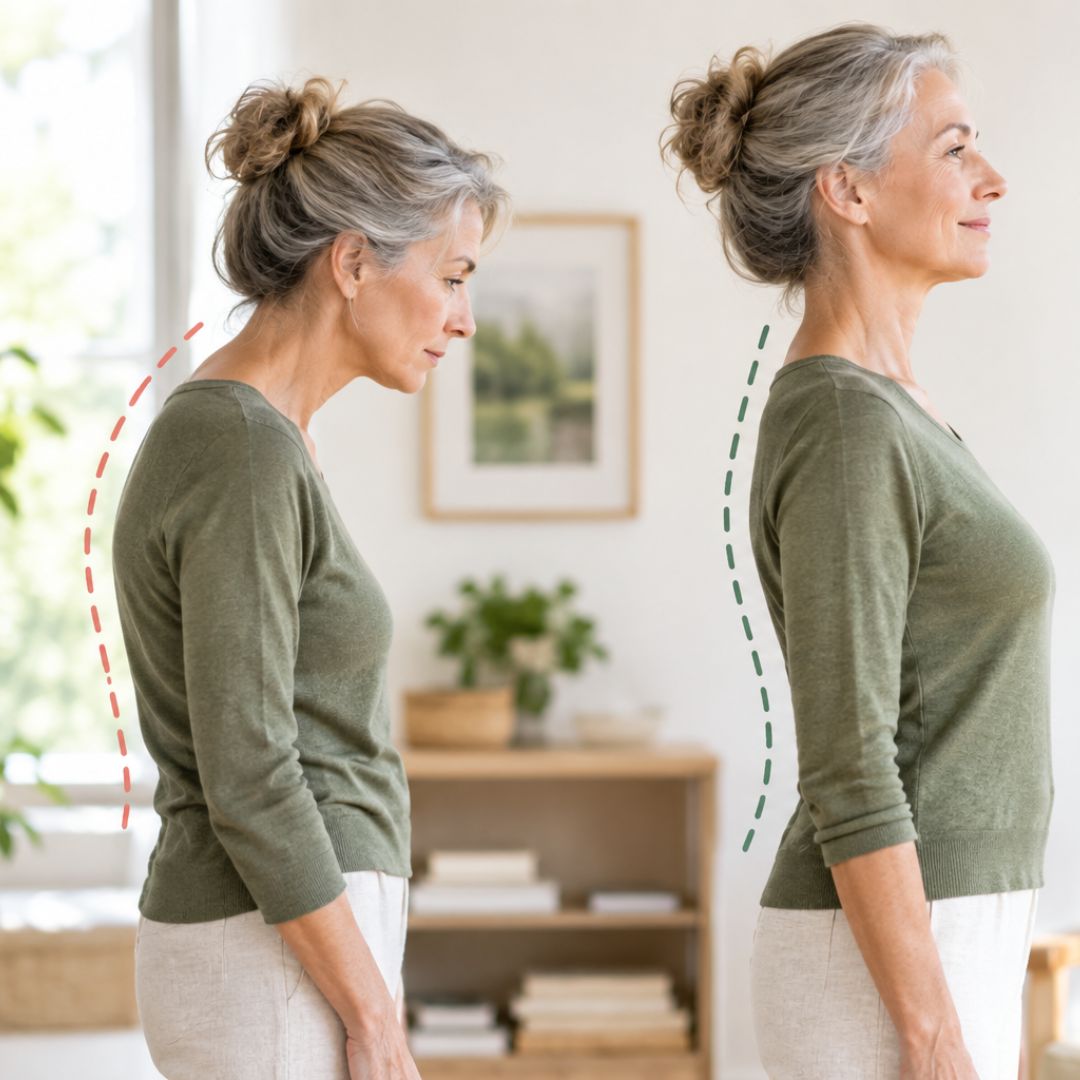 posture-apres-50-ans-sante-femme-senior Femme de plus de 50 ans illustrant la différence entre une posture voûtée et une posture droite.
