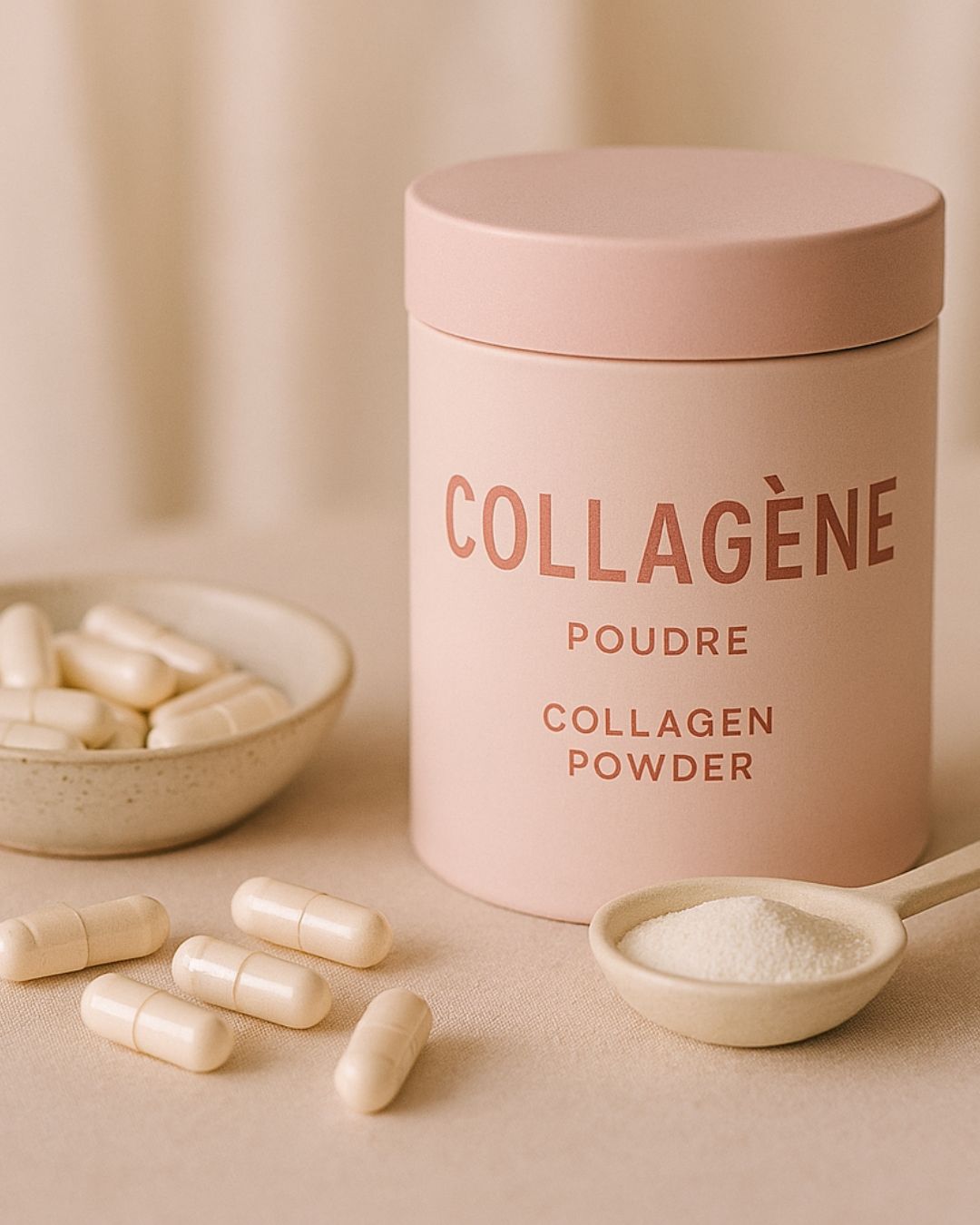 Poudre de collagène hydrolysé et gélules de collagène présentées sur un fond clair.